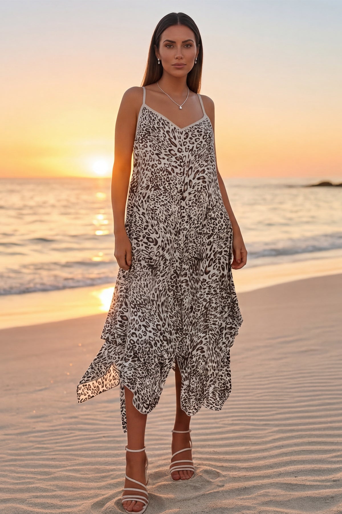 Italian Leopard Strappy Hanky Hem Dress for Women — gallery