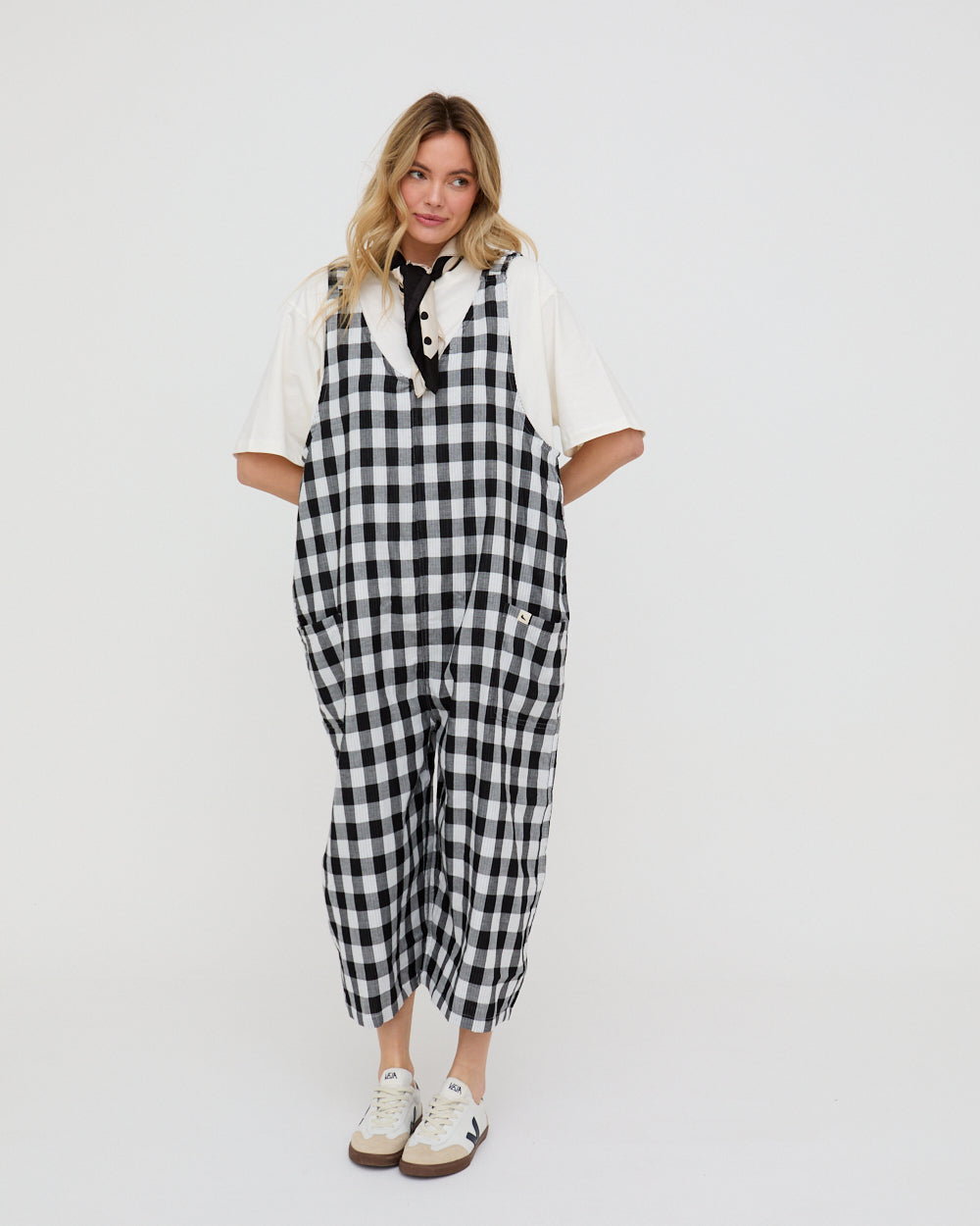 Reversible Striped Check Dungaree Jumpsuit for Women — Wide Leg - gallery