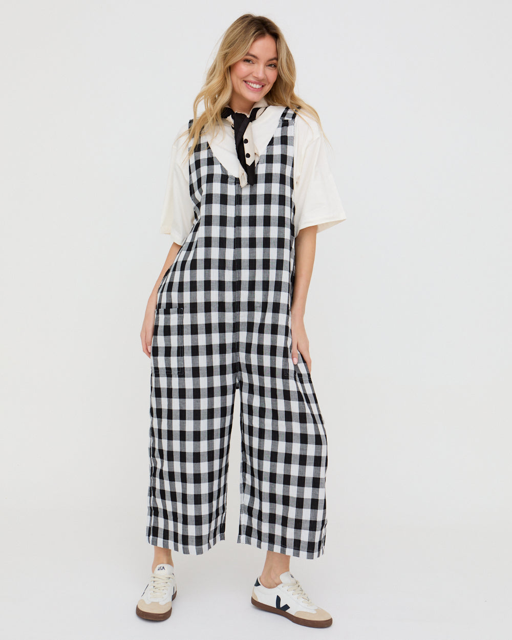 Reversible Striped Check Dungaree Jumpsuit for Women — Wide Leg