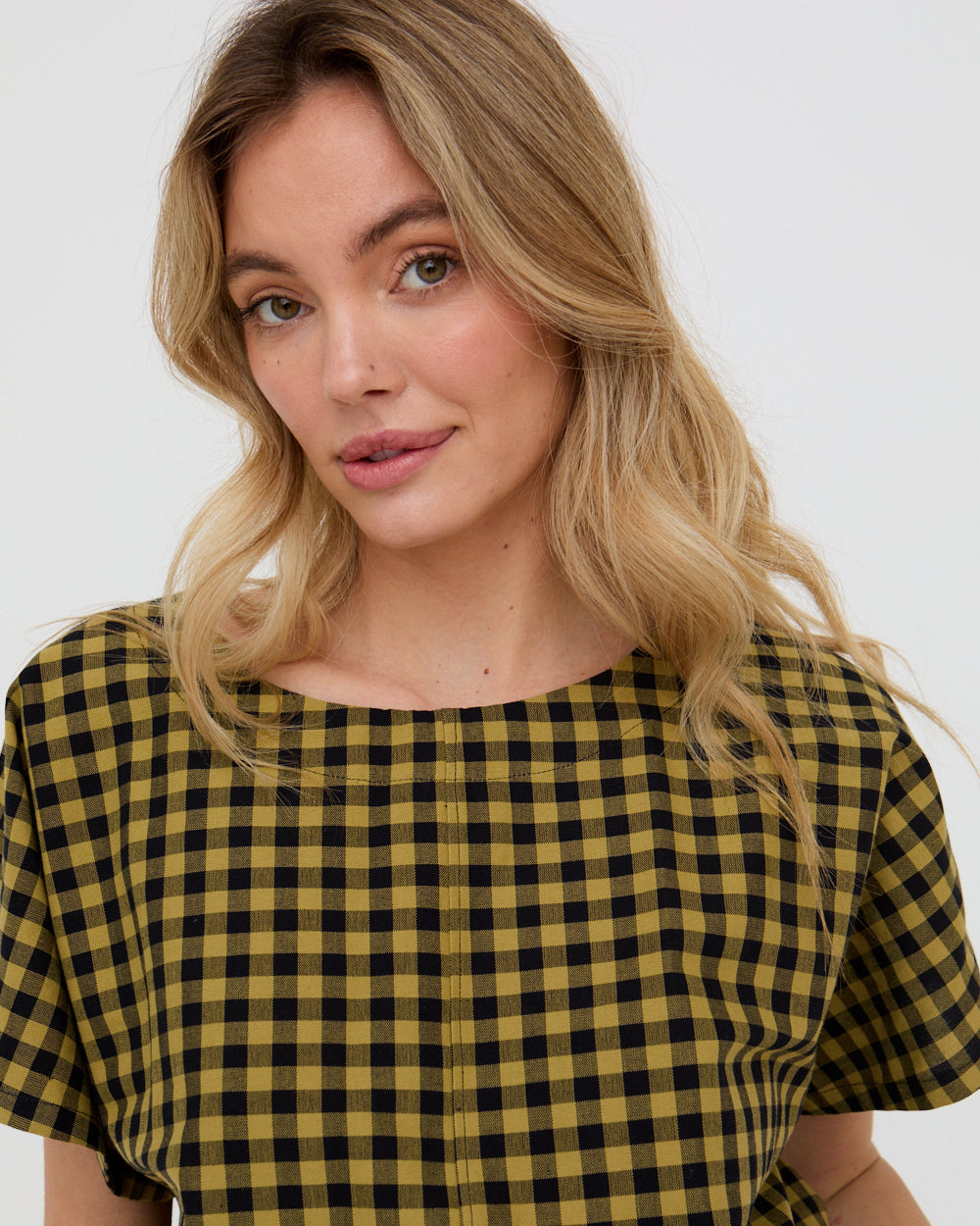 Mustard Check Print Top for Women — Organic Cotton Relaxed Fit - gallery
