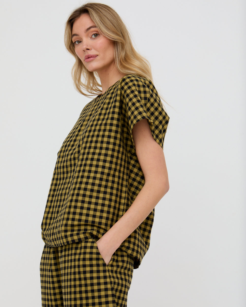 Mustard Check Print Top for Women — Organic Cotton Relaxed Fit