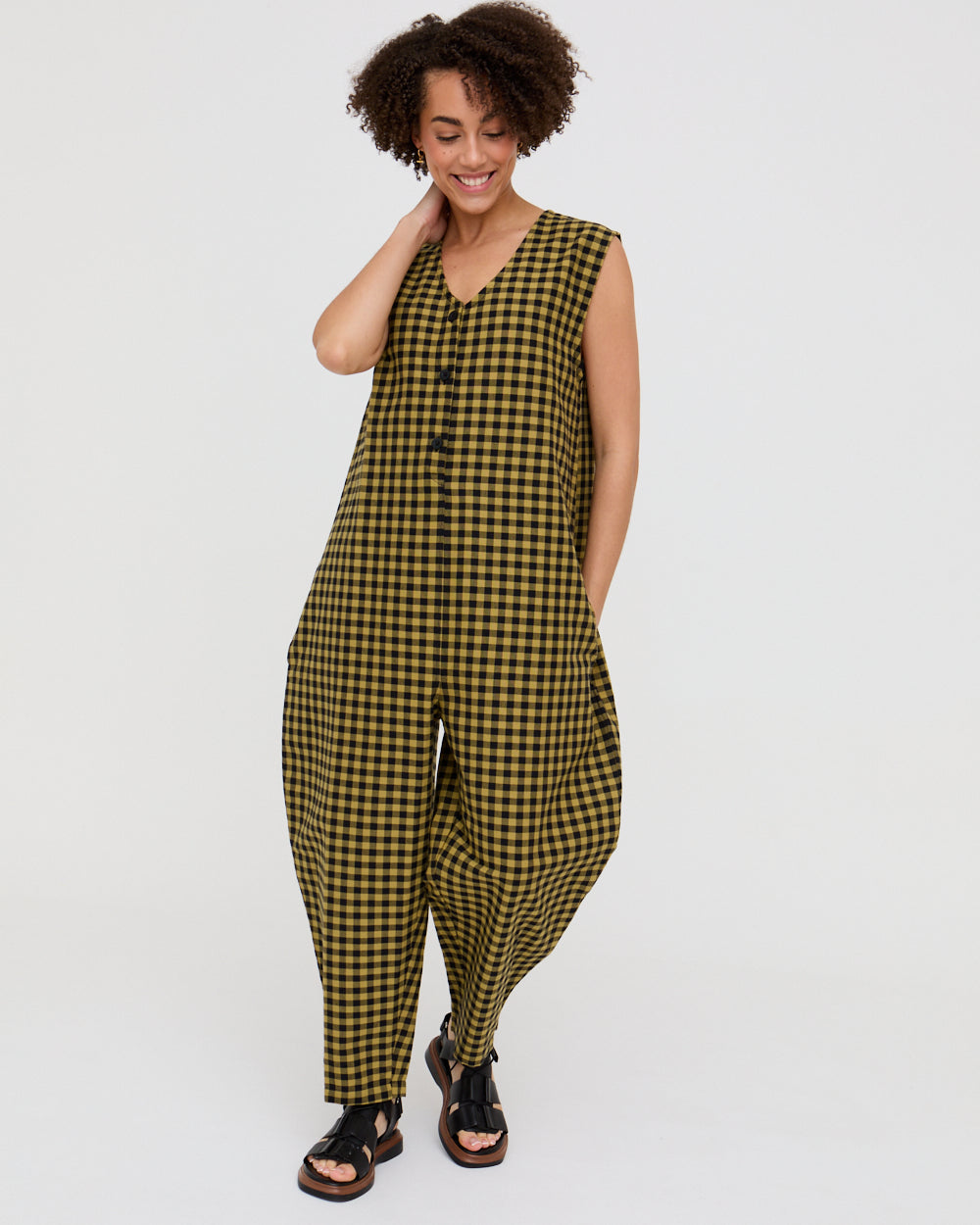 Mustard Check Wide-Leg Jumpsuit for Women — Organic Cotton