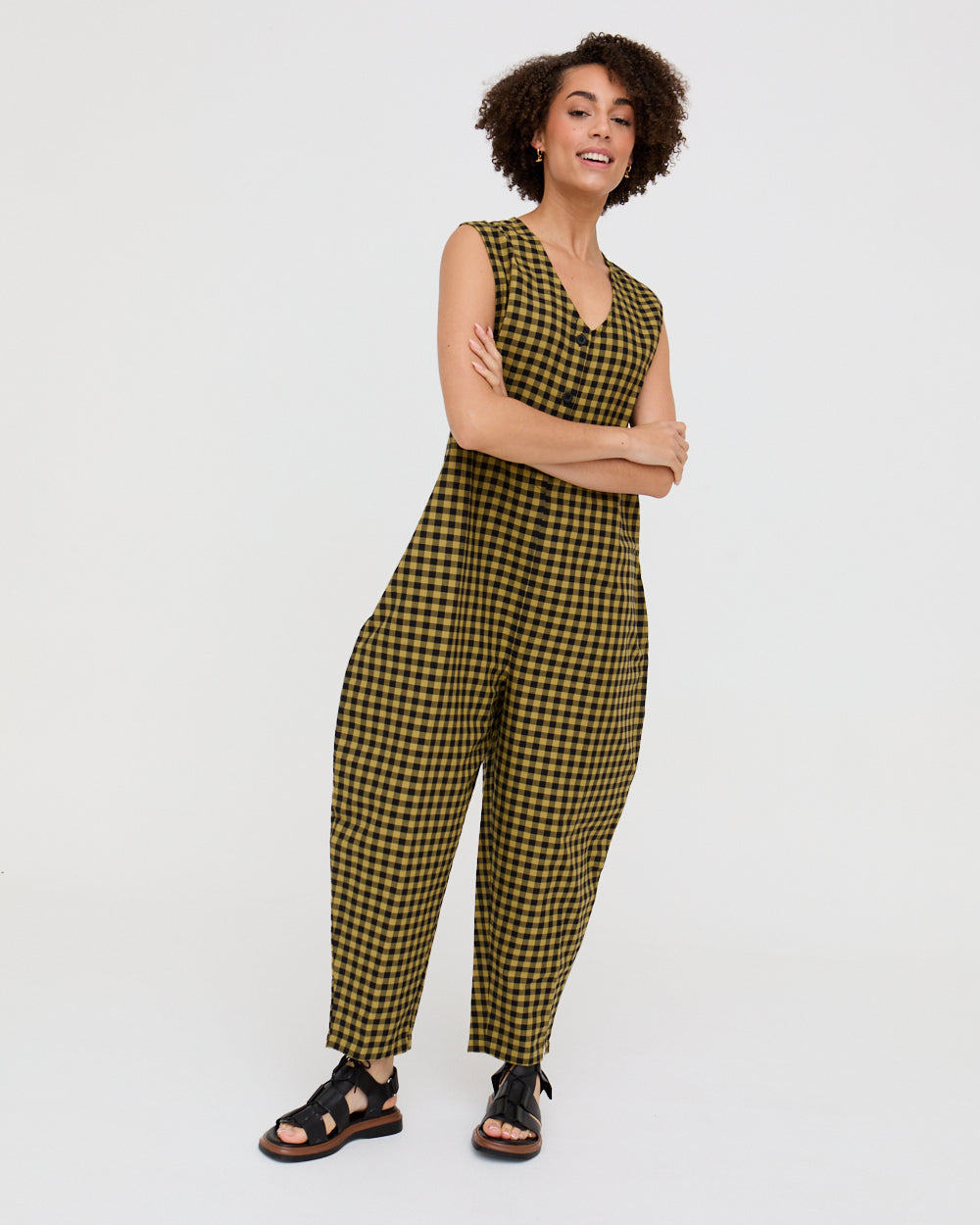 Mustard Check Wide-Leg Jumpsuit for Women — Organic Cotton - gallery