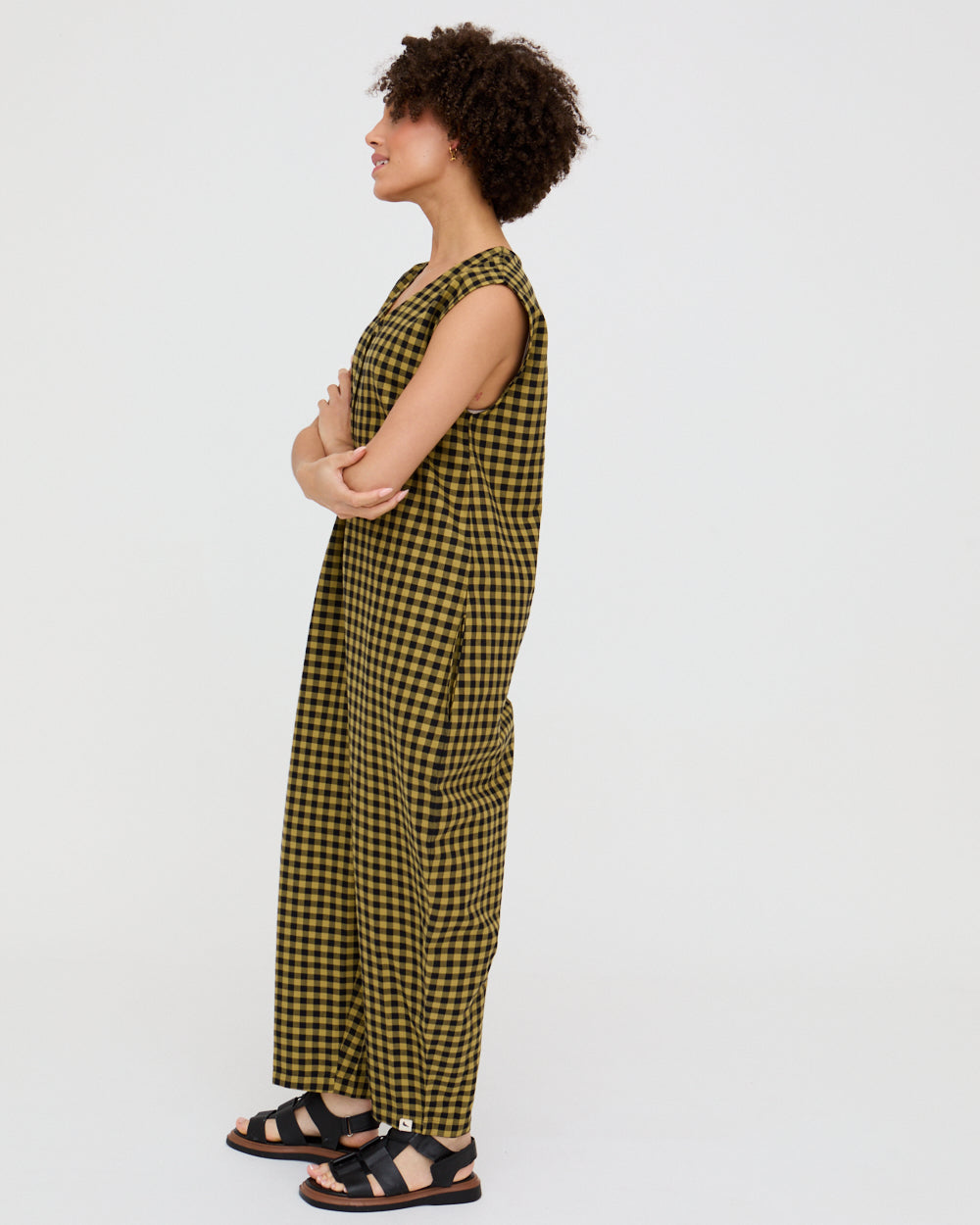 Mustard Check Wide-Leg Jumpsuit for Women — Organic Cotton - gallery