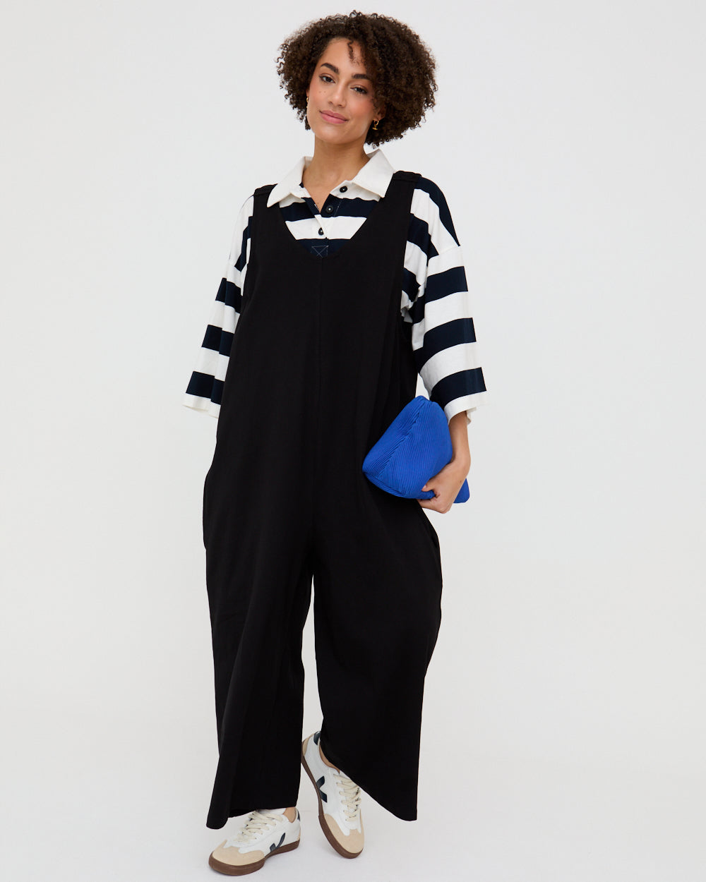 Black Organic Cotton Dungaree Jumpsuit for Women — Elastic Straps