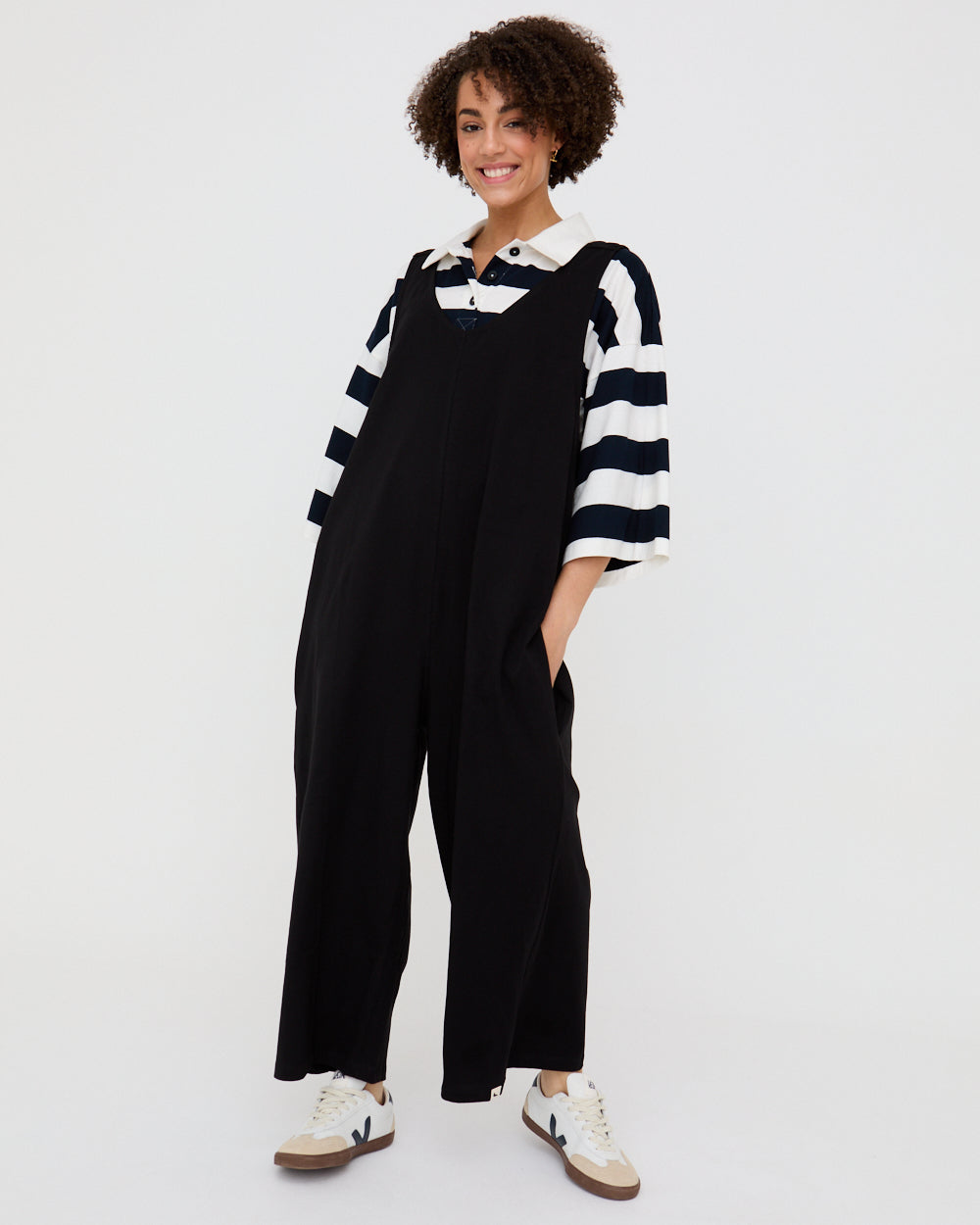 Black Organic Cotton Dungaree Jumpsuit for Women — Elastic Straps - gallery
