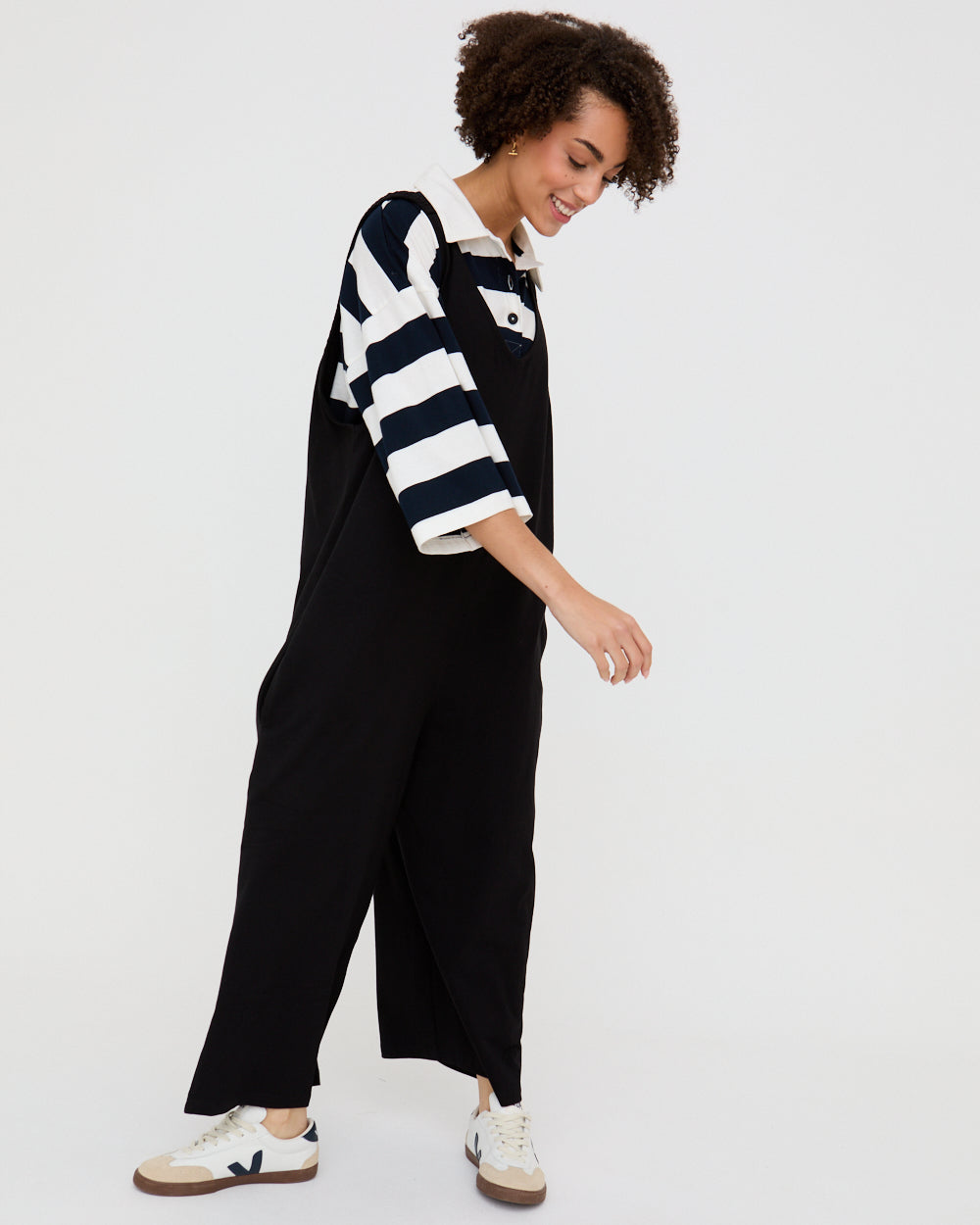 Black Organic Cotton Dungaree Jumpsuit for Women — Elastic Straps - gallery