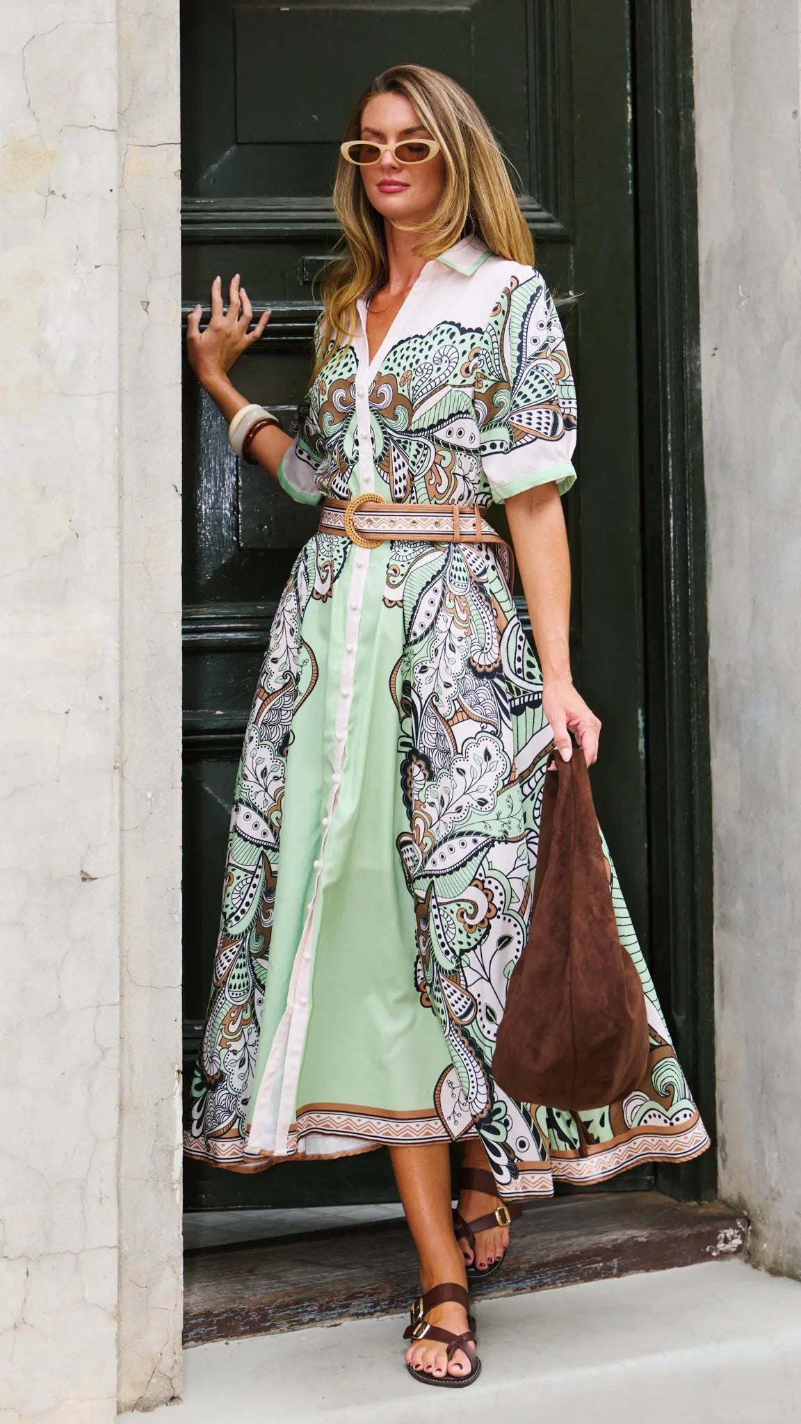 Mint Paisley Belted Midi Dress for Women — Collared V-Neck