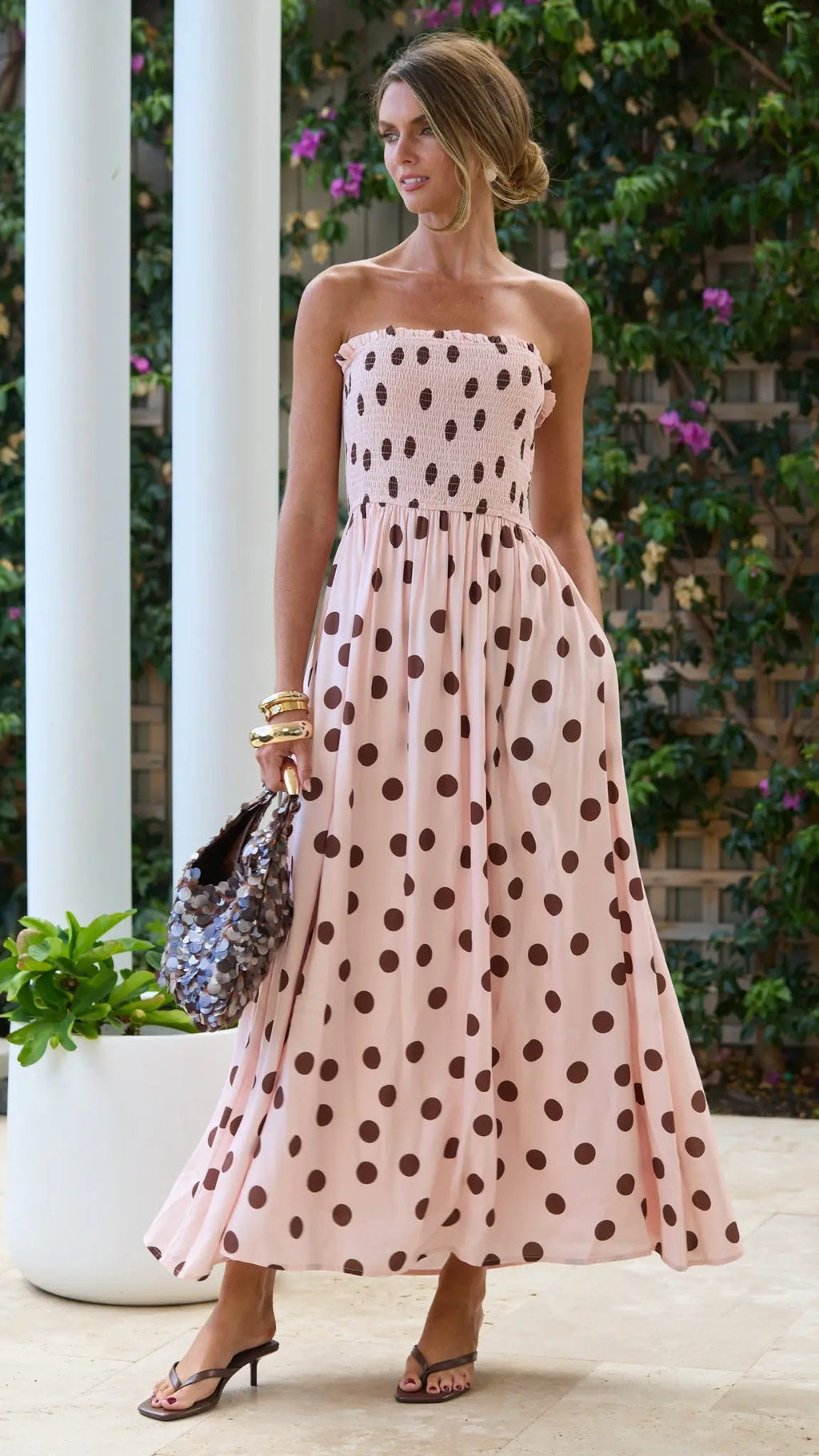 Polka Dot Shirred Maxi Dress for Women — Pink and Chocolate