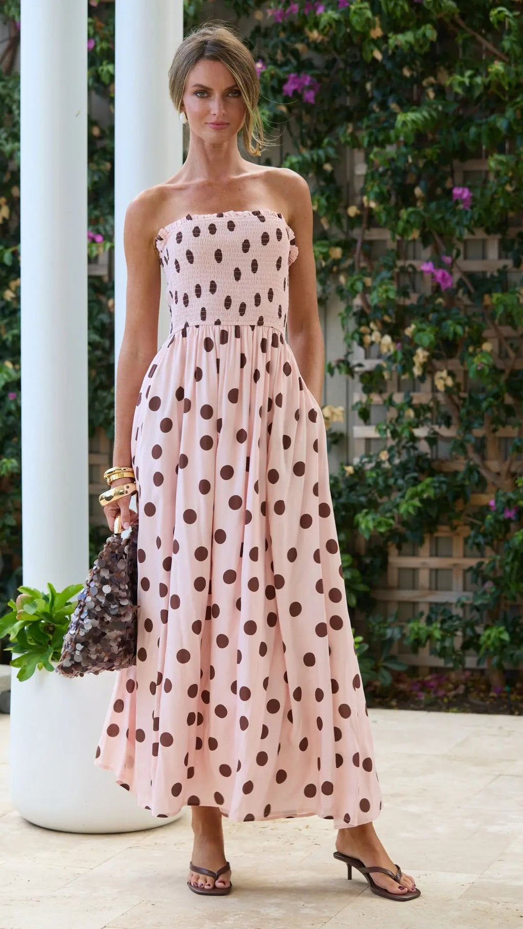 Polka Dot Shirred Maxi Dress for Women — Pink and Chocolate - gallery