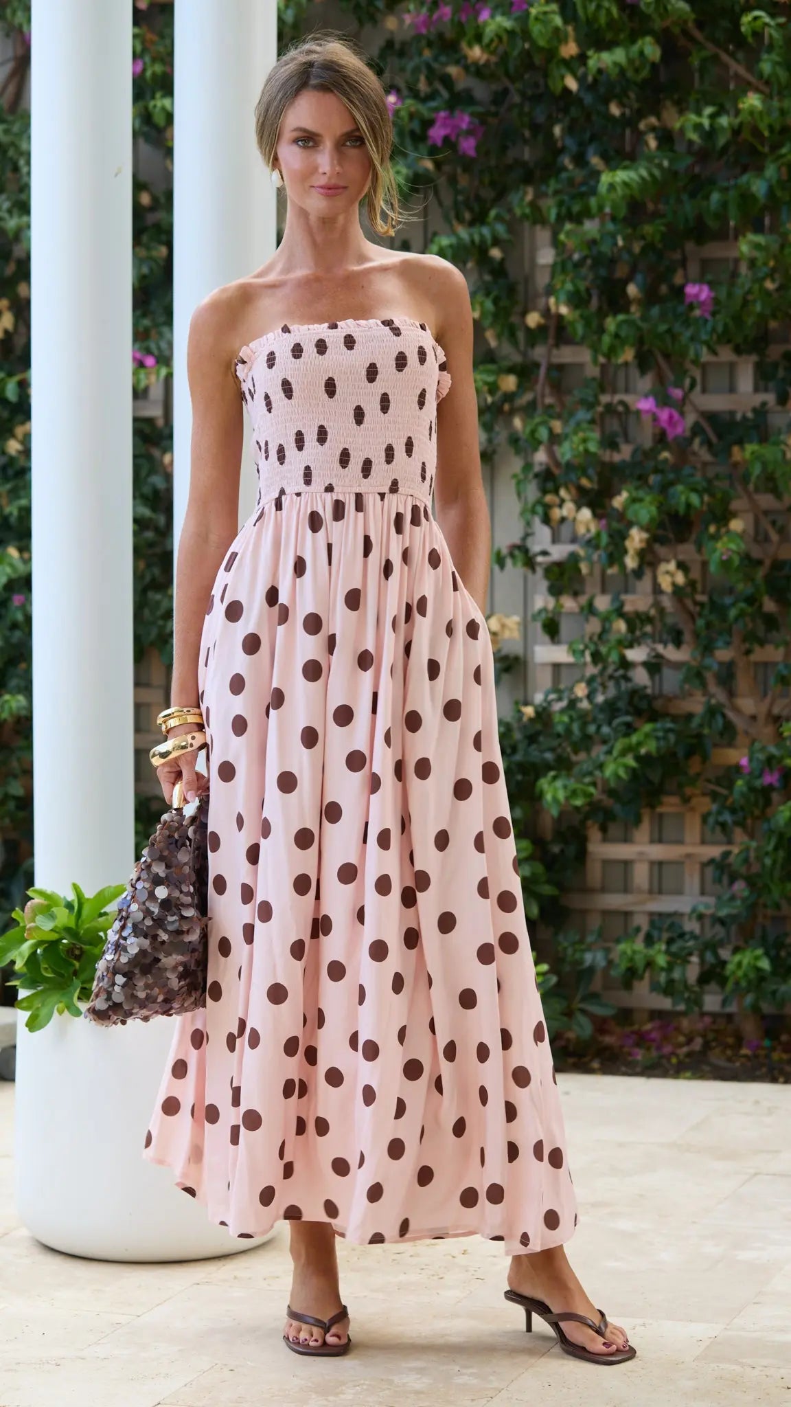 Polka Dot Shirred Maxi Dress for Women — Pink and Chocolate - gallery