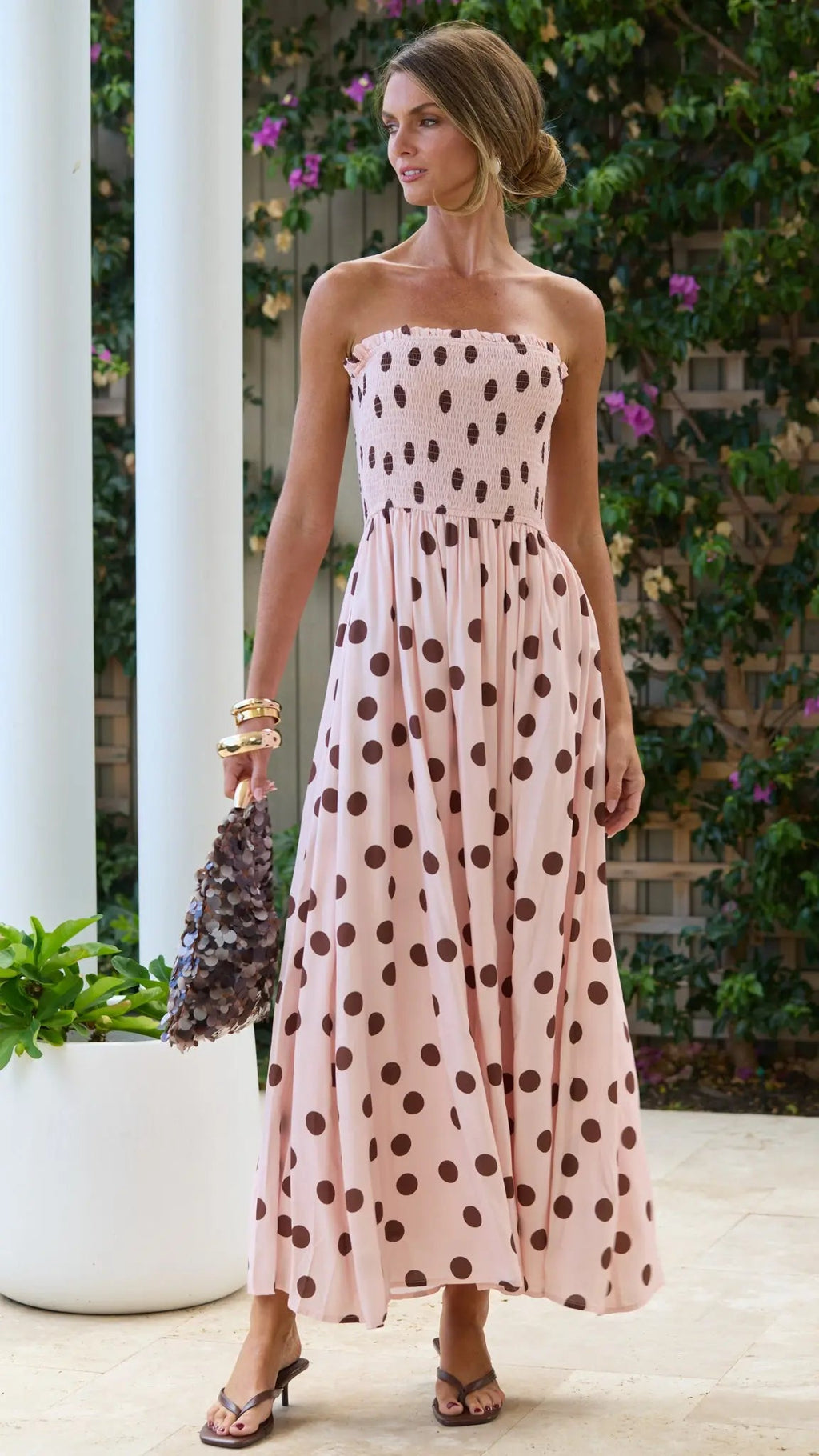 Polka Dot Shirred Maxi Dress for Women — Pink and Chocolate - gallery