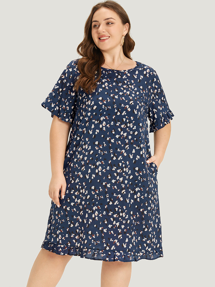 Allover Print Pocket Flutter Trim Dress for Women