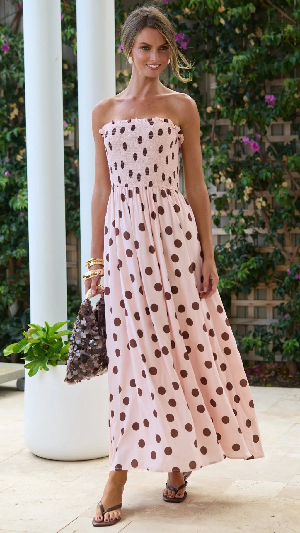 Polka Dot Shirred Maxi Dress for Women — Pink and Chocolate - gallery
