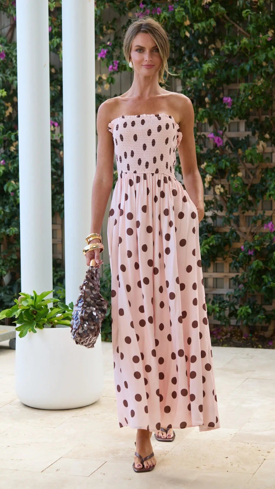 Polka Dot Shirred Maxi Dress for Women — Pink and Chocolate - gallery