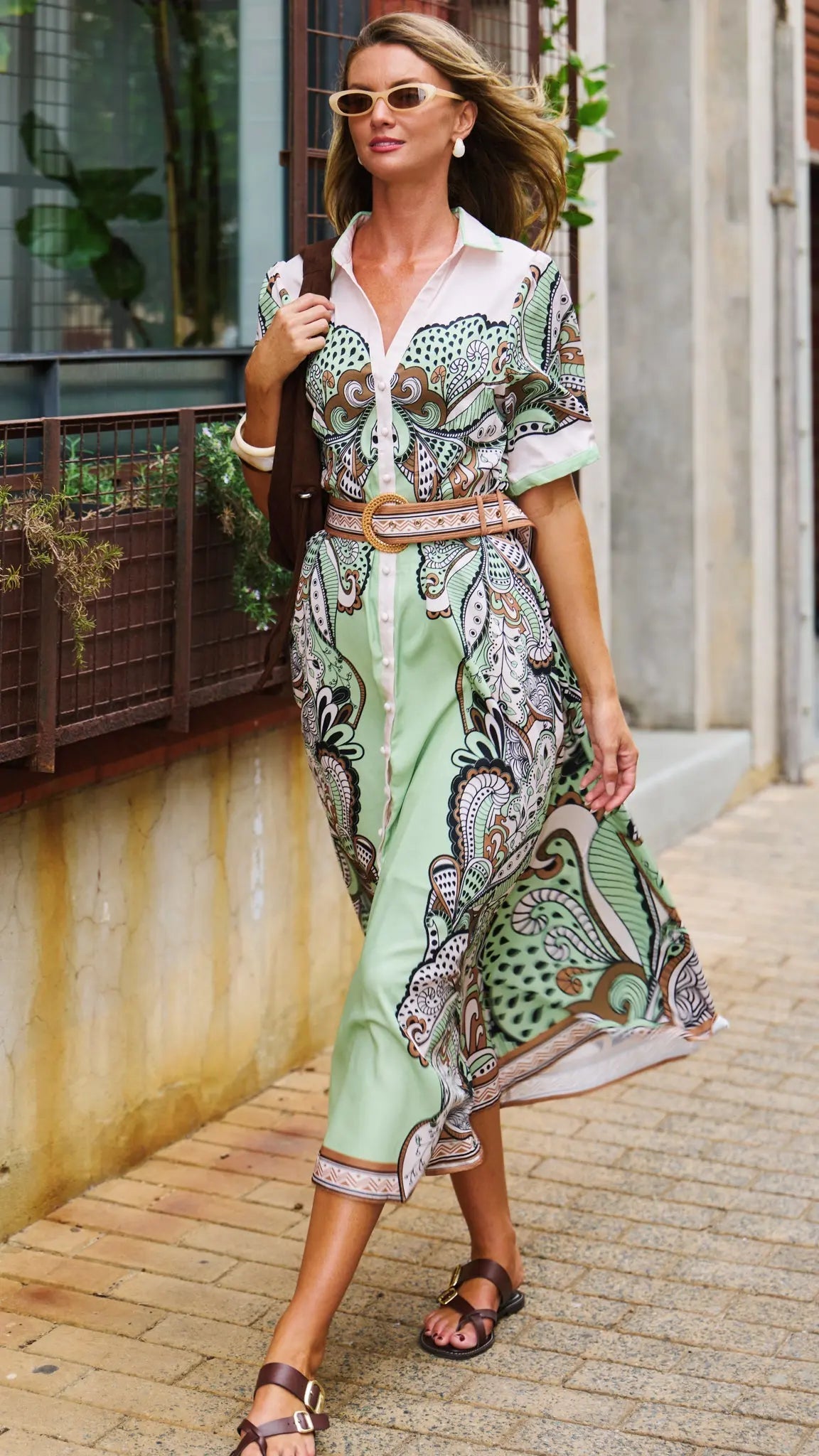 Mint Paisley Belted Midi Dress for Women — Collared V-Neck - gallery