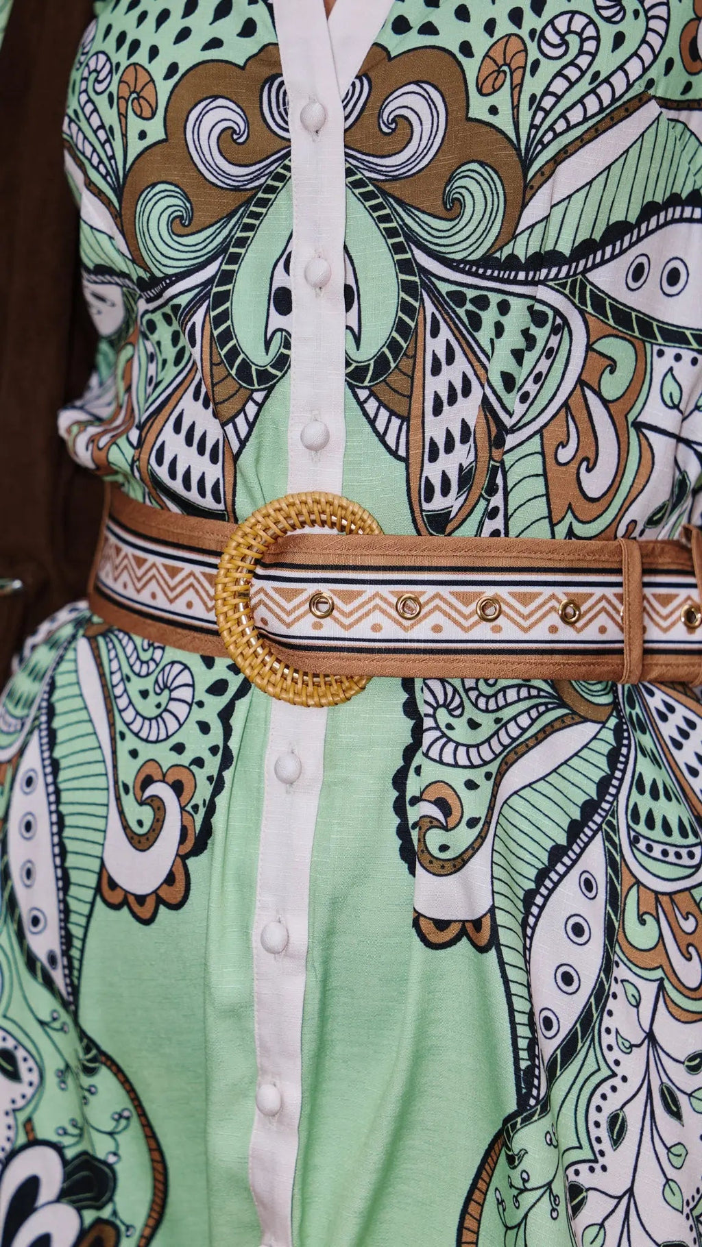 Mint Paisley Belted Midi Dress for Women — Collared V-Neck - gallery