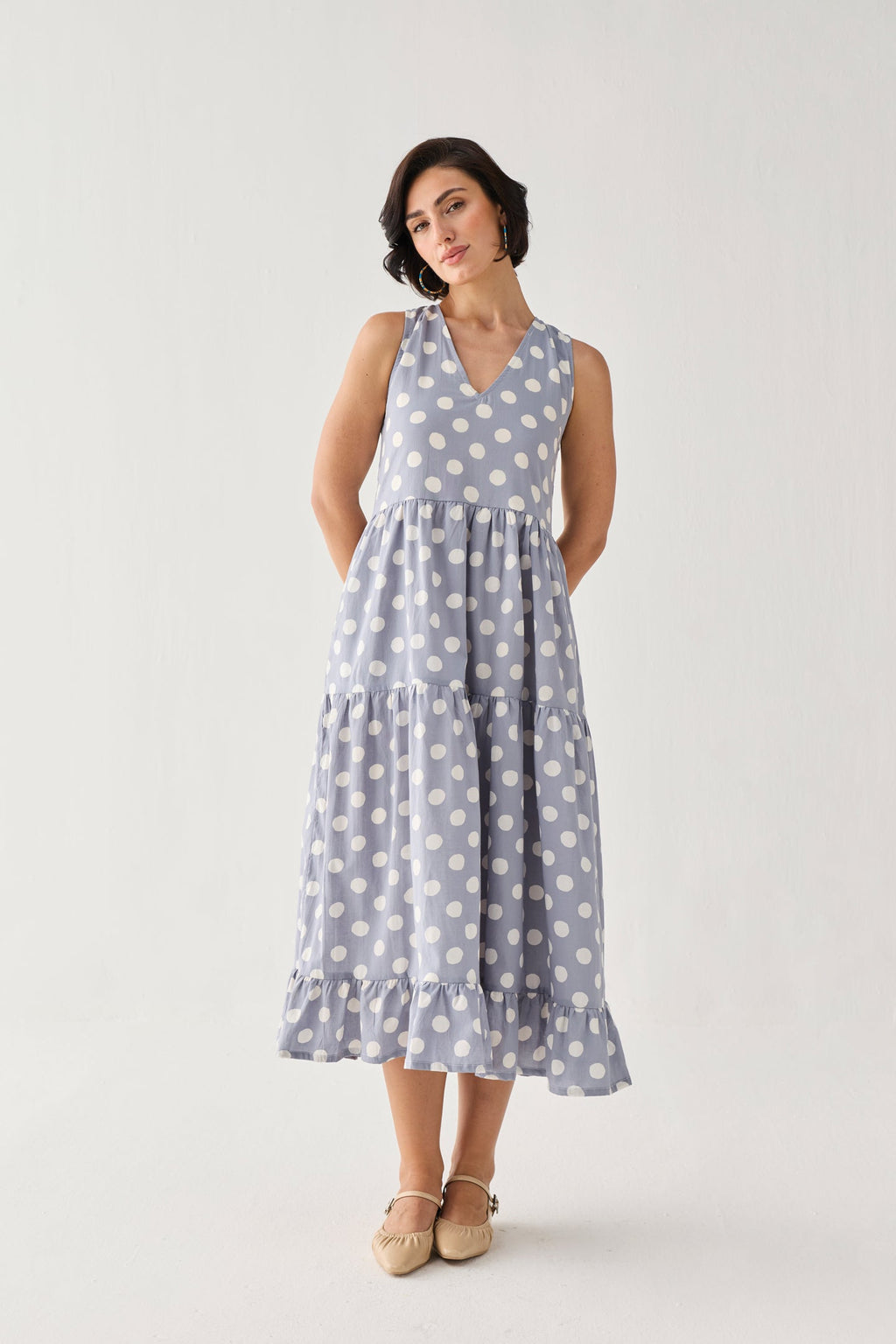 Tiered Midi Dress in Blue Polka for Women - gallery