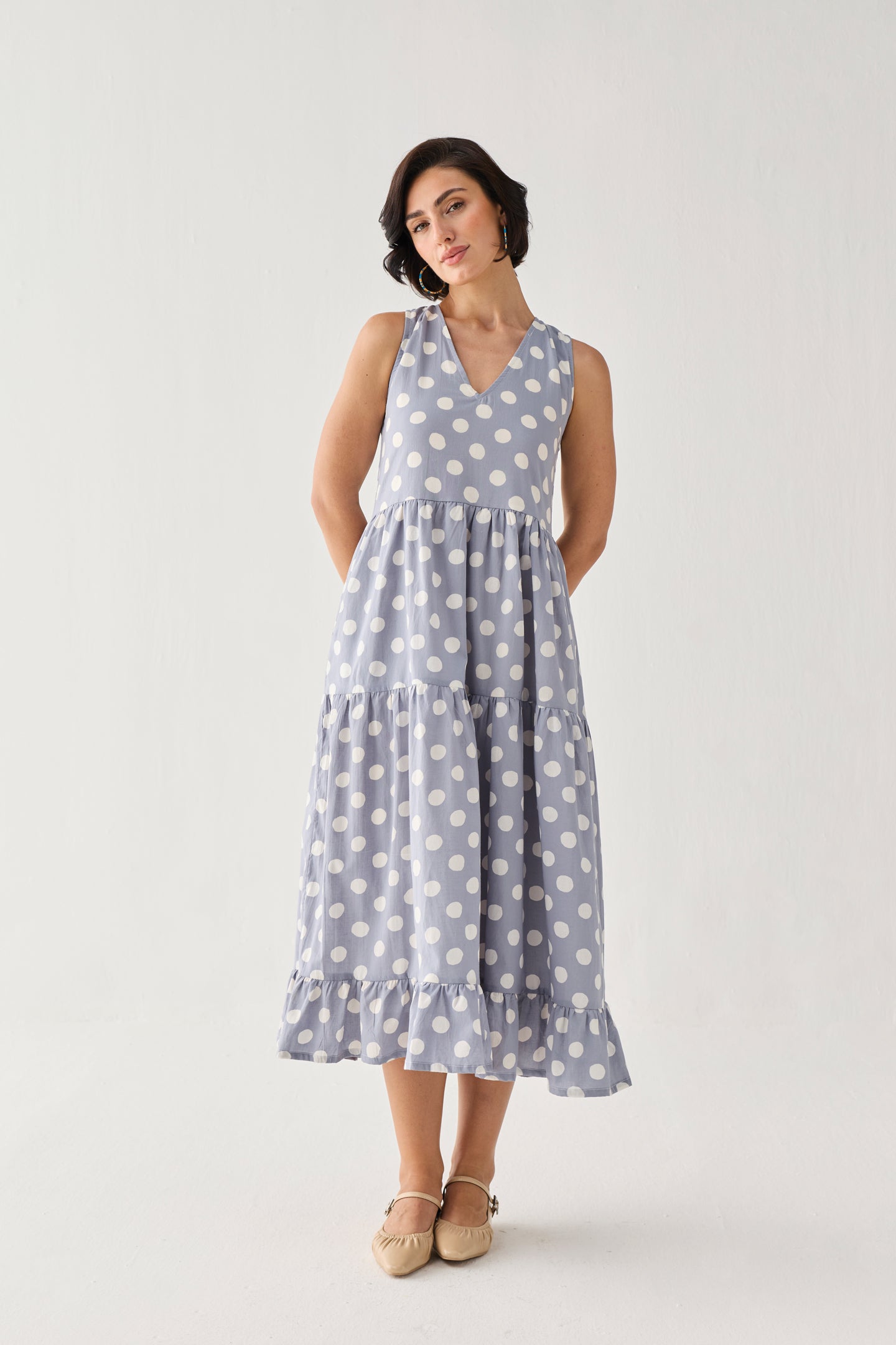 Tiered Midi Dress in Blue Polka for Women - gallery