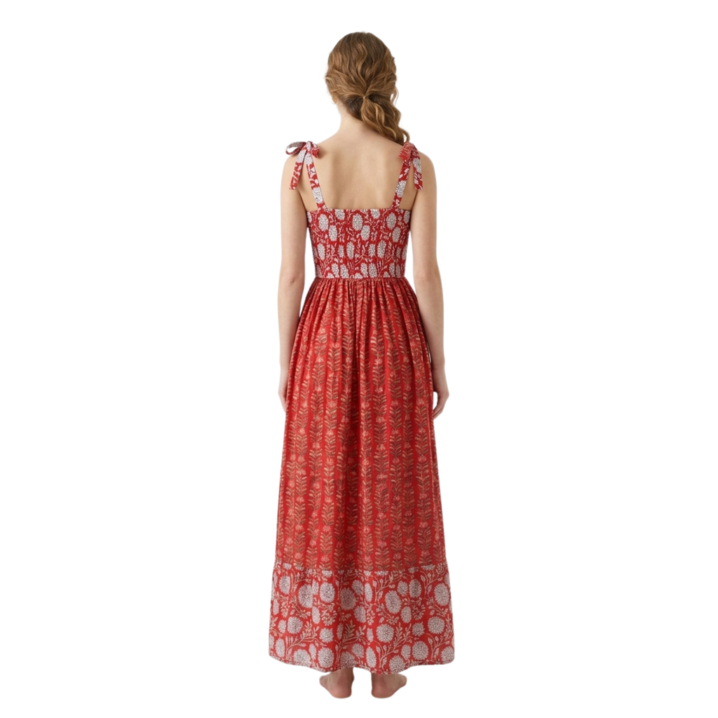 Red Floral Cotton Maxi Dress for Women — Sleeveless Flowing - gallery
