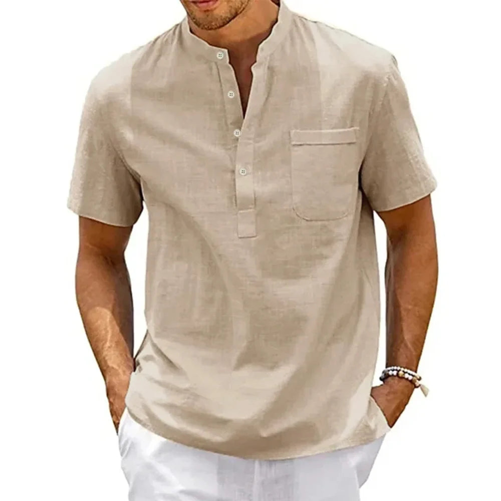 Cotton Linen Henley Beach Short Sleeve Shirt for Men
