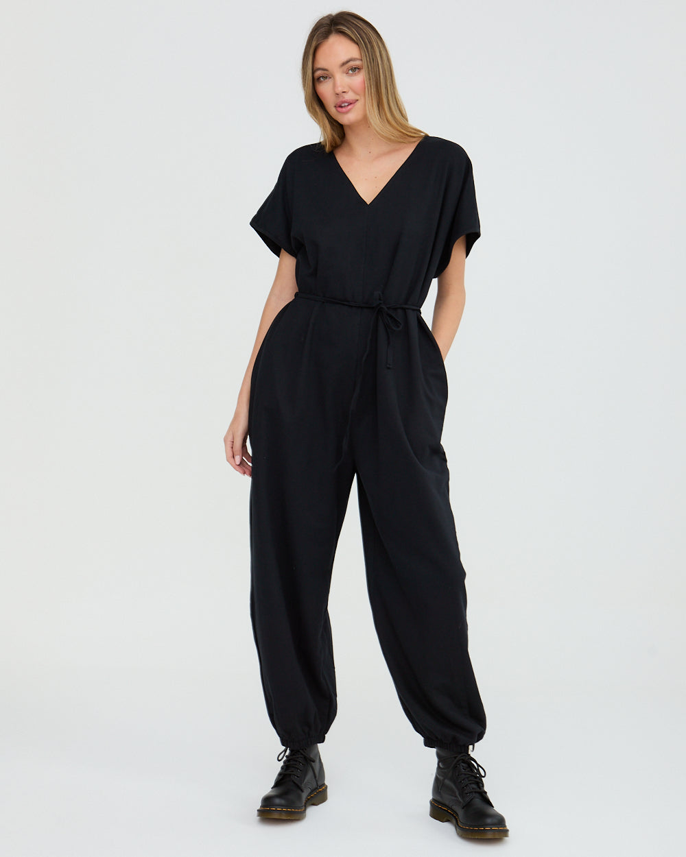 Tie Waist Organic Cotton Jumpsuit for Women — Balloon Leg V-Neck