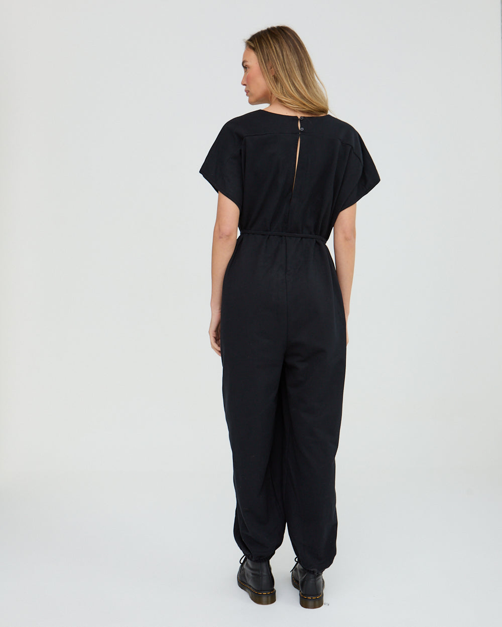 Tie Waist Organic Cotton Jumpsuit for Women — Balloon Leg V-Neck - gallery