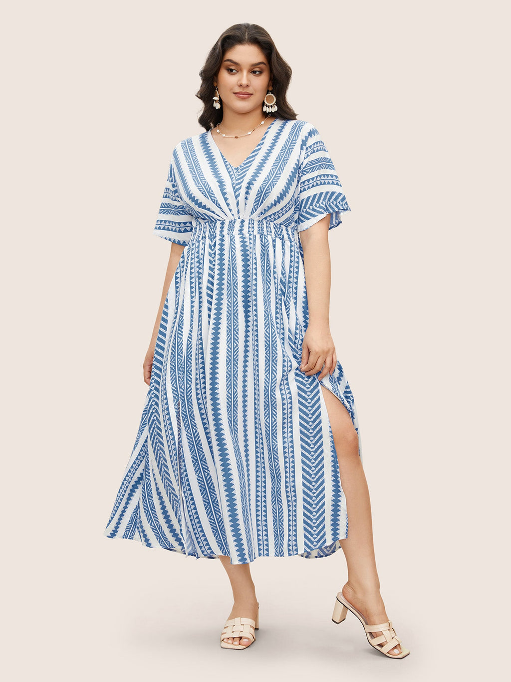 Solid Geometric Dolman Sleeve Pocket Shirred Split Hem Dress for Women - gallery