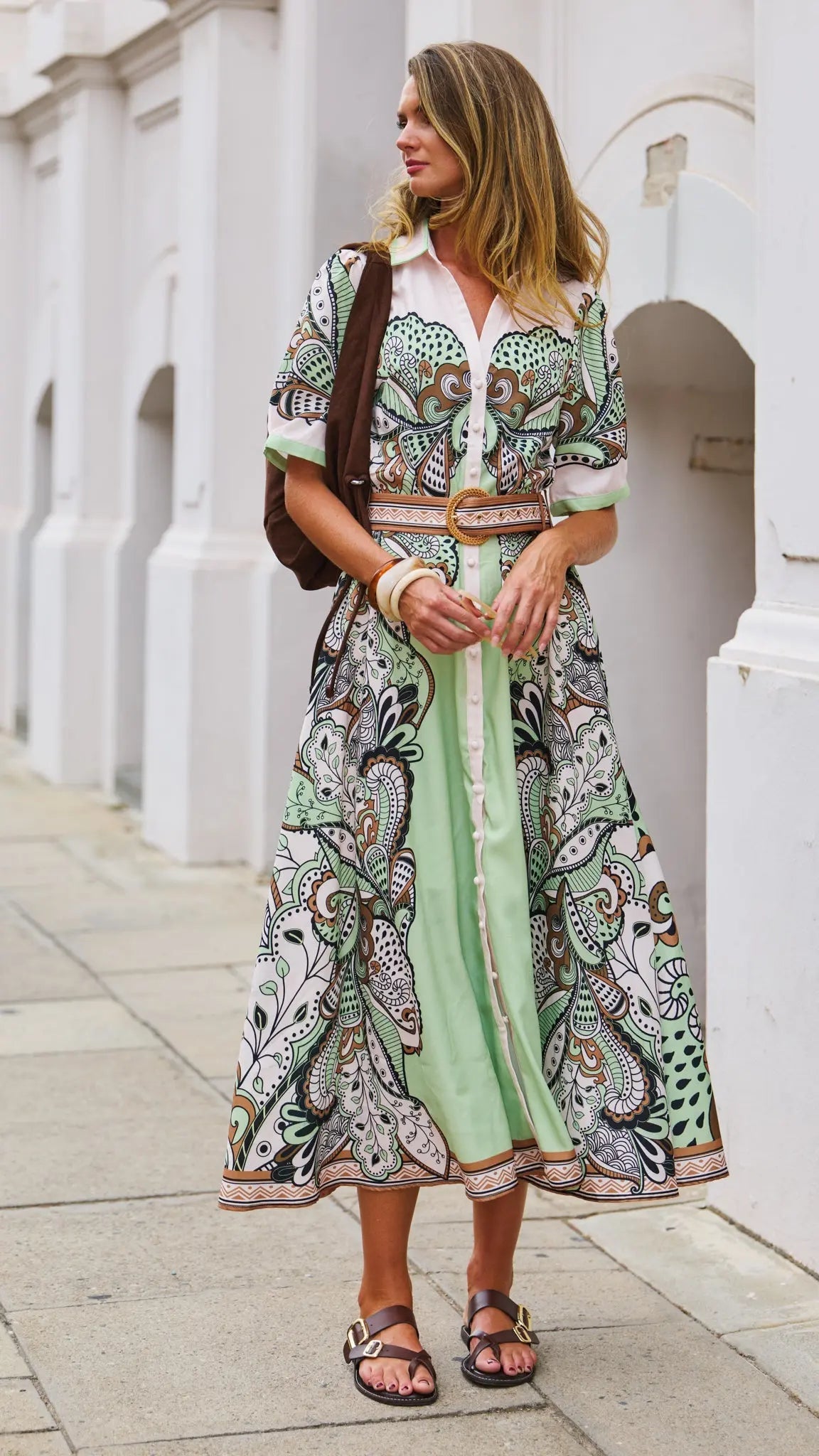 Mint Paisley Belted Midi Dress for Women — Collared V-Neck - gallery