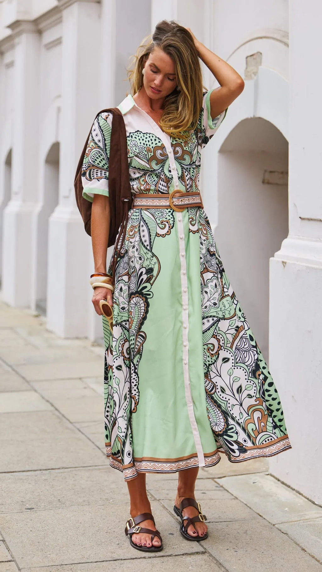 Mint Paisley Belted Midi Dress for Women — Collared V-Neck - gallery