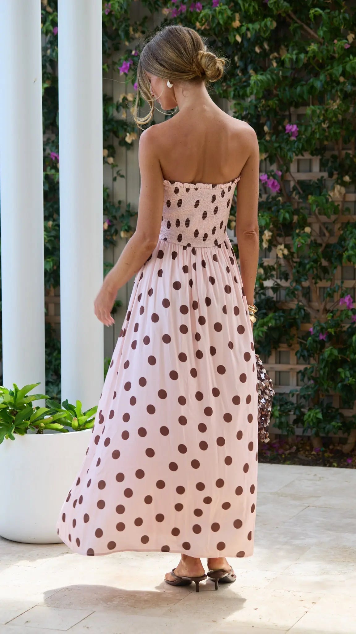 Polka Dot Shirred Maxi Dress for Women — Pink and Chocolate - gallery