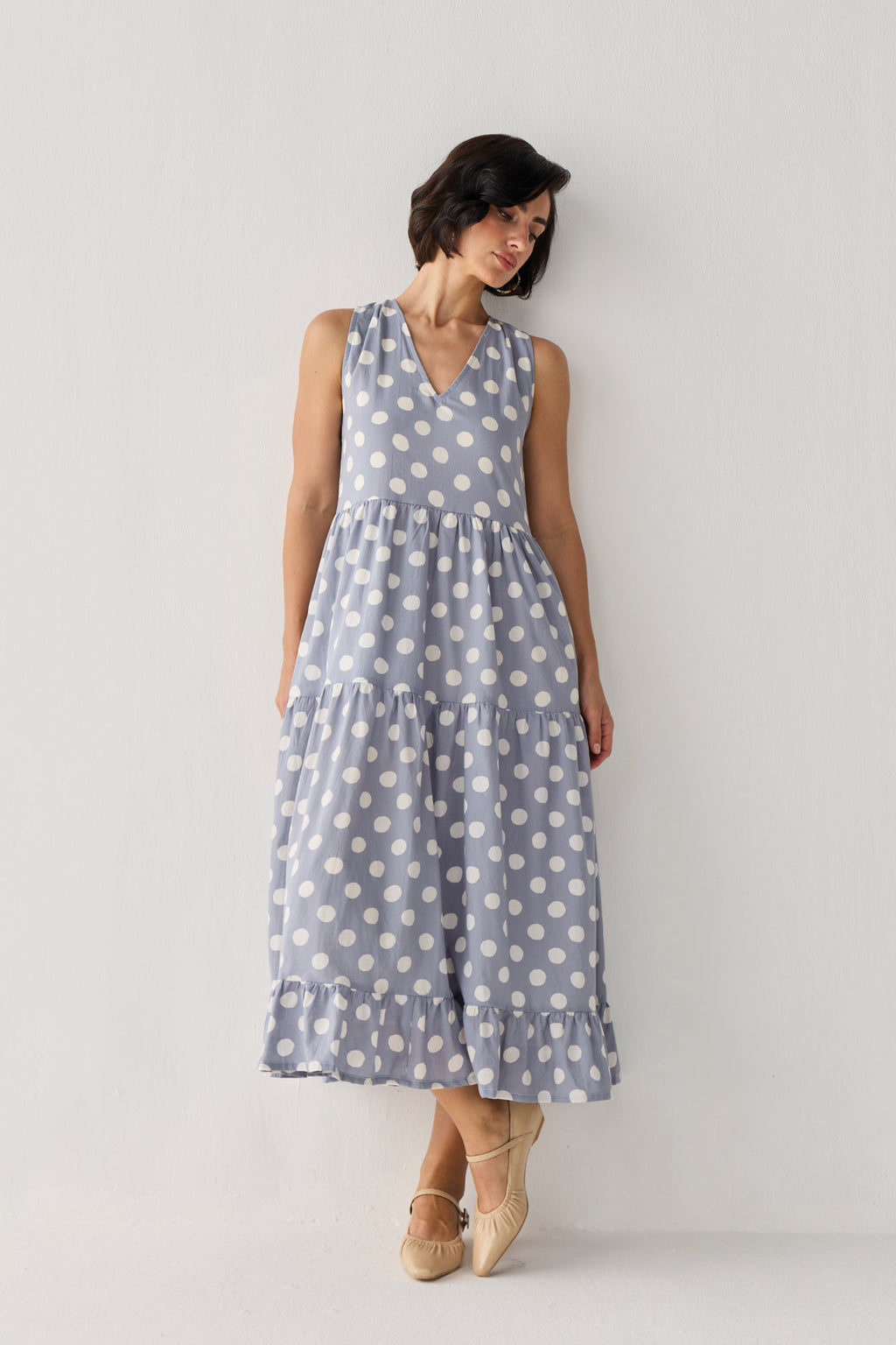 Tiered Midi Dress in Blue Polka for Women - gallery