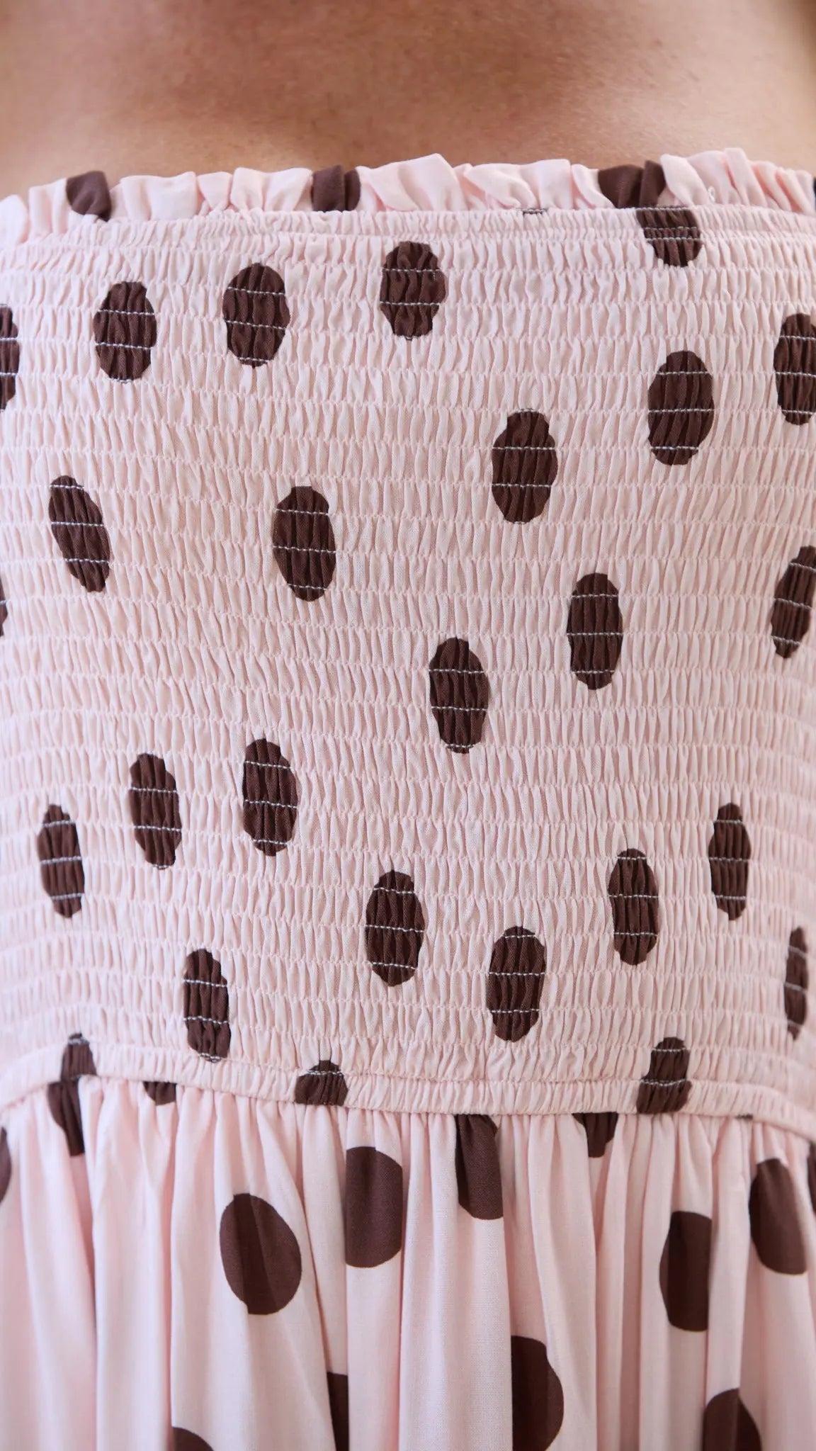 Polka Dot Shirred Maxi Dress for Women — Pink and Chocolate - gallery