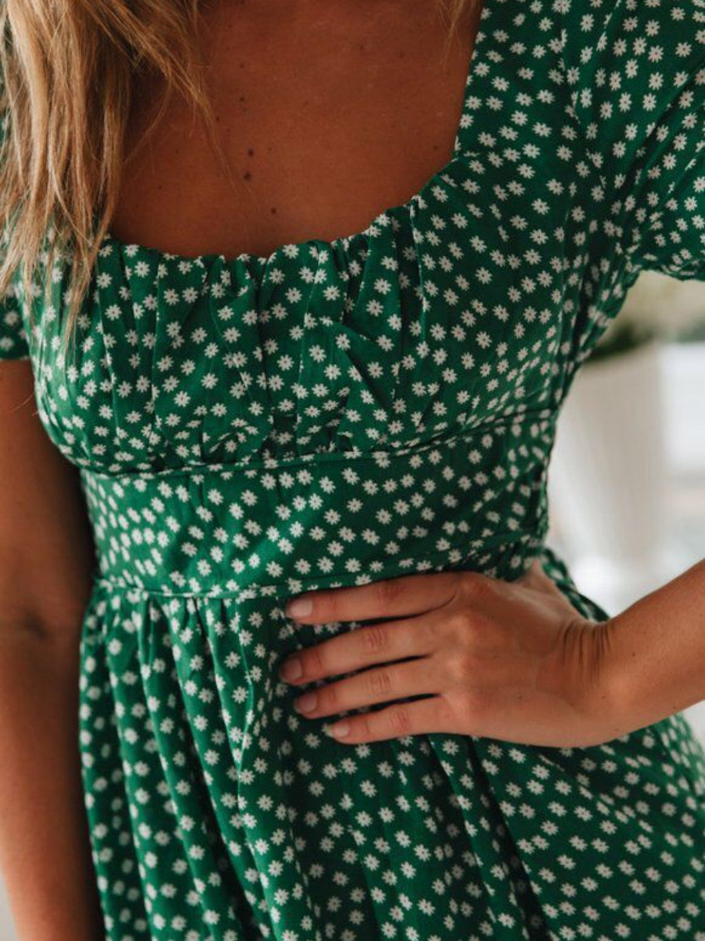 Printed Square Neck Short Sleeve Midi Dress for Women - gallery