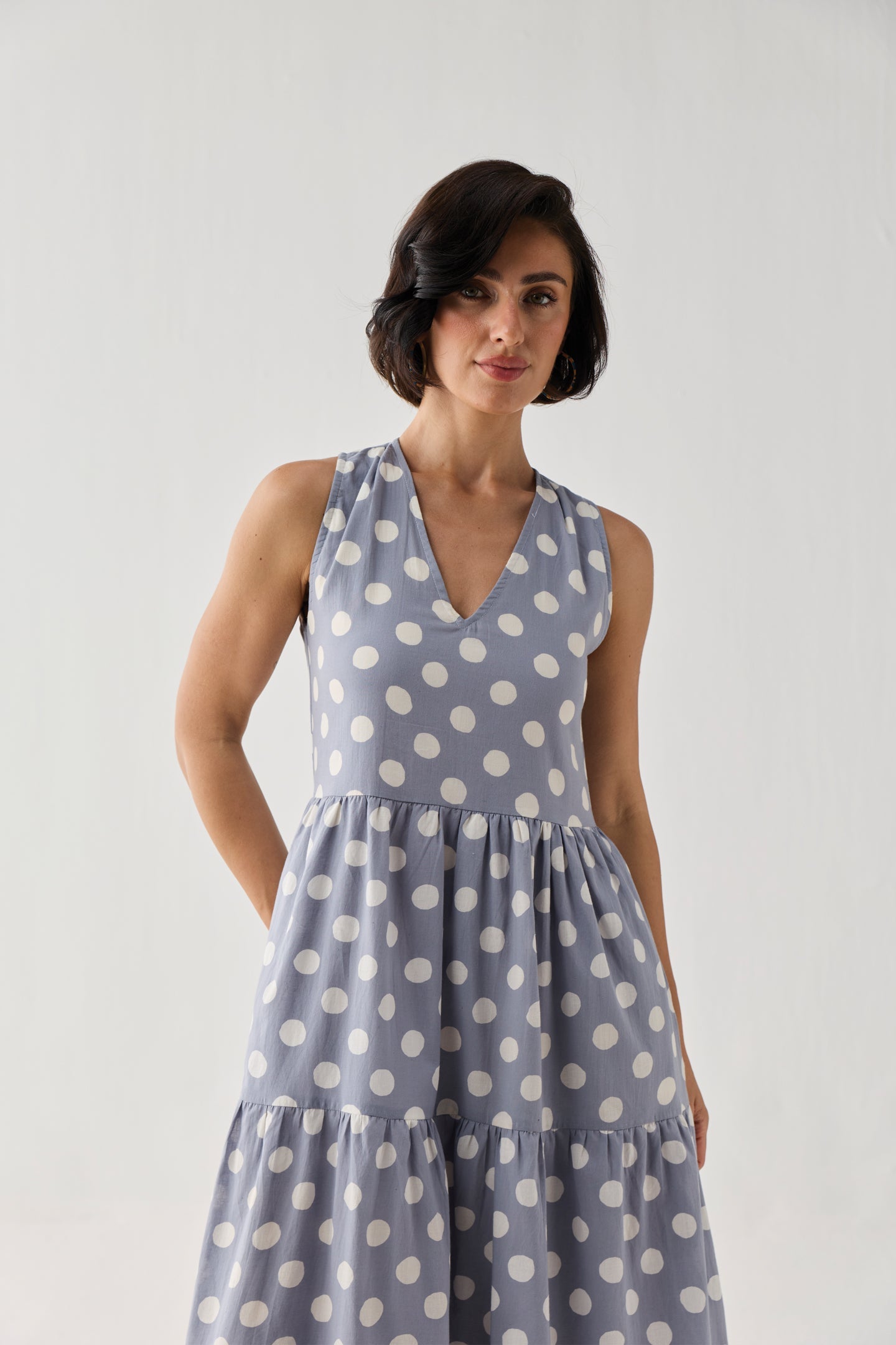 Tiered Midi Dress in Blue Polka for Women - gallery