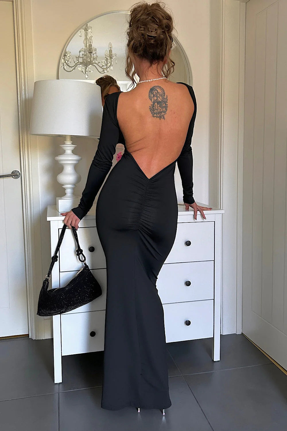 Dune Black Ruched Backless Maxi Dress for Women - gallery