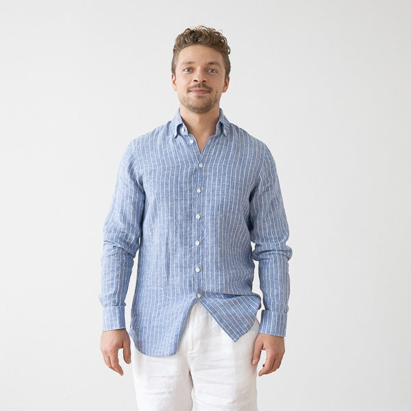 Paul Large Stripe Blue Linen Shirt for Men — gallery