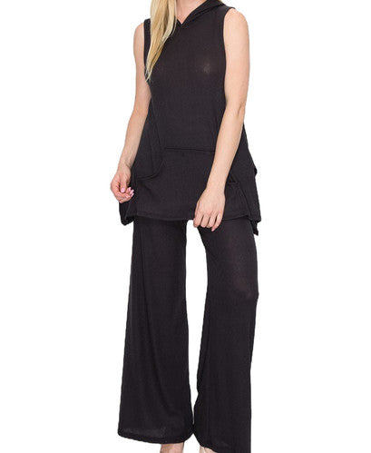 Sleeveless Hooded Wide-Leg Pants Set for Women