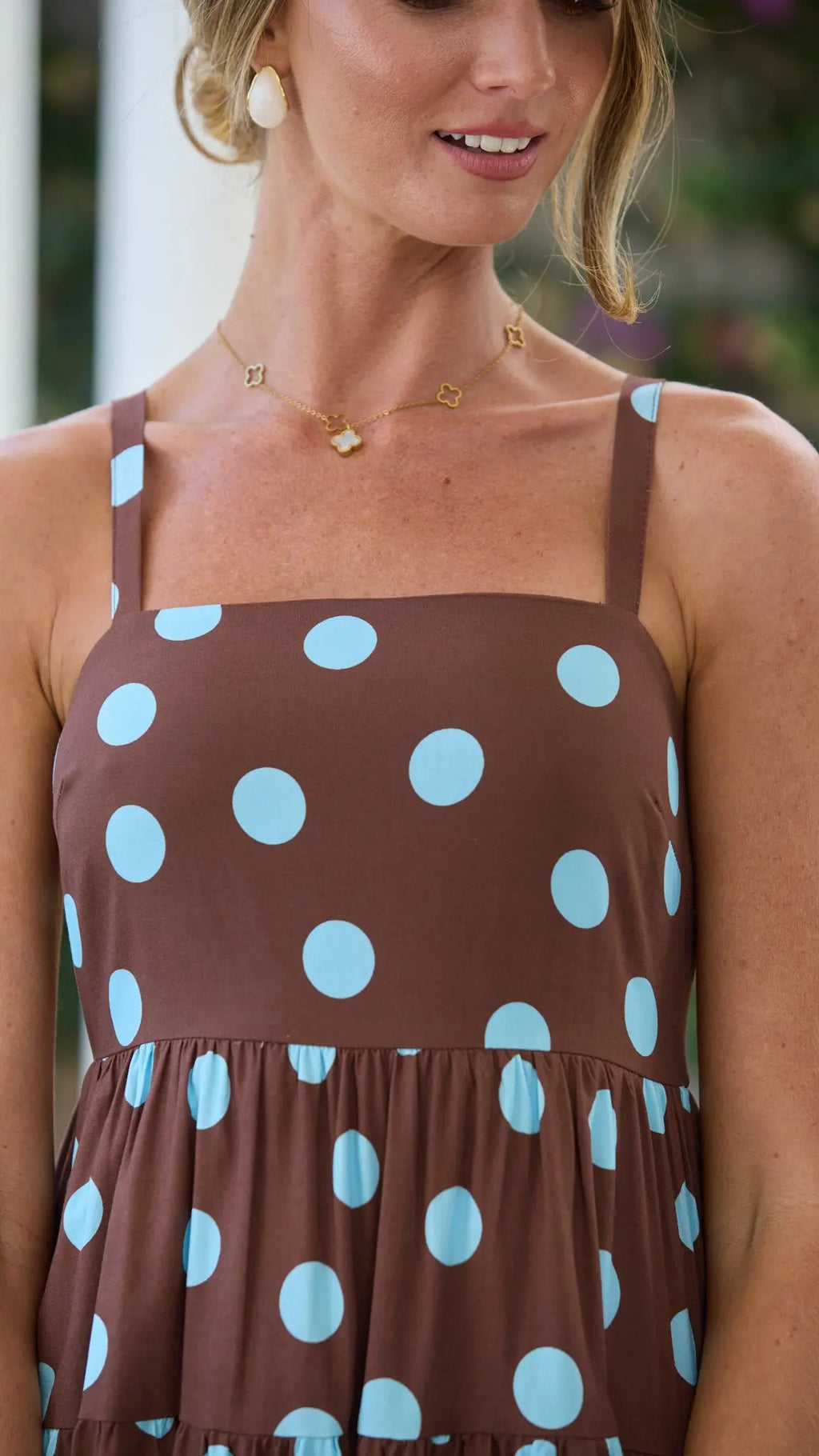 Polka Dot Tiered Mini Dress for Women — Chocolate and Blue - gallery