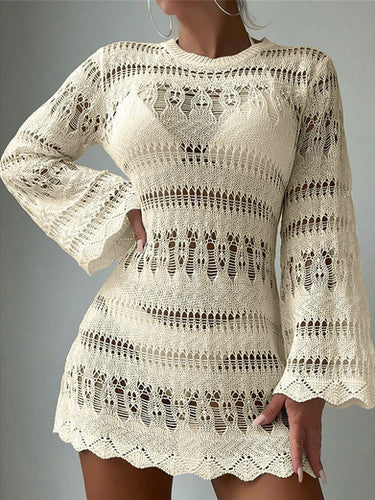 Crochet Knit Long Sleeve Beach Cover-Up Tunic for Women