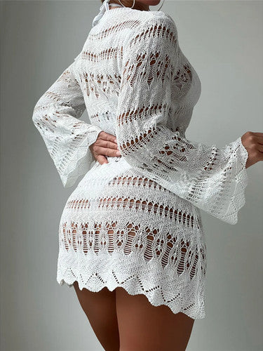 Crochet Knit Long Sleeve Beach Cover-Up Tunic for Women - gallery