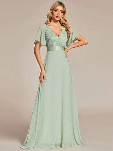 A-Line Double V-Neck Ruffle Evening Gown for Women - gallery