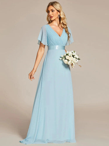 A-Line Double V-Neck Ruffle Evening Gown for Women - gallery