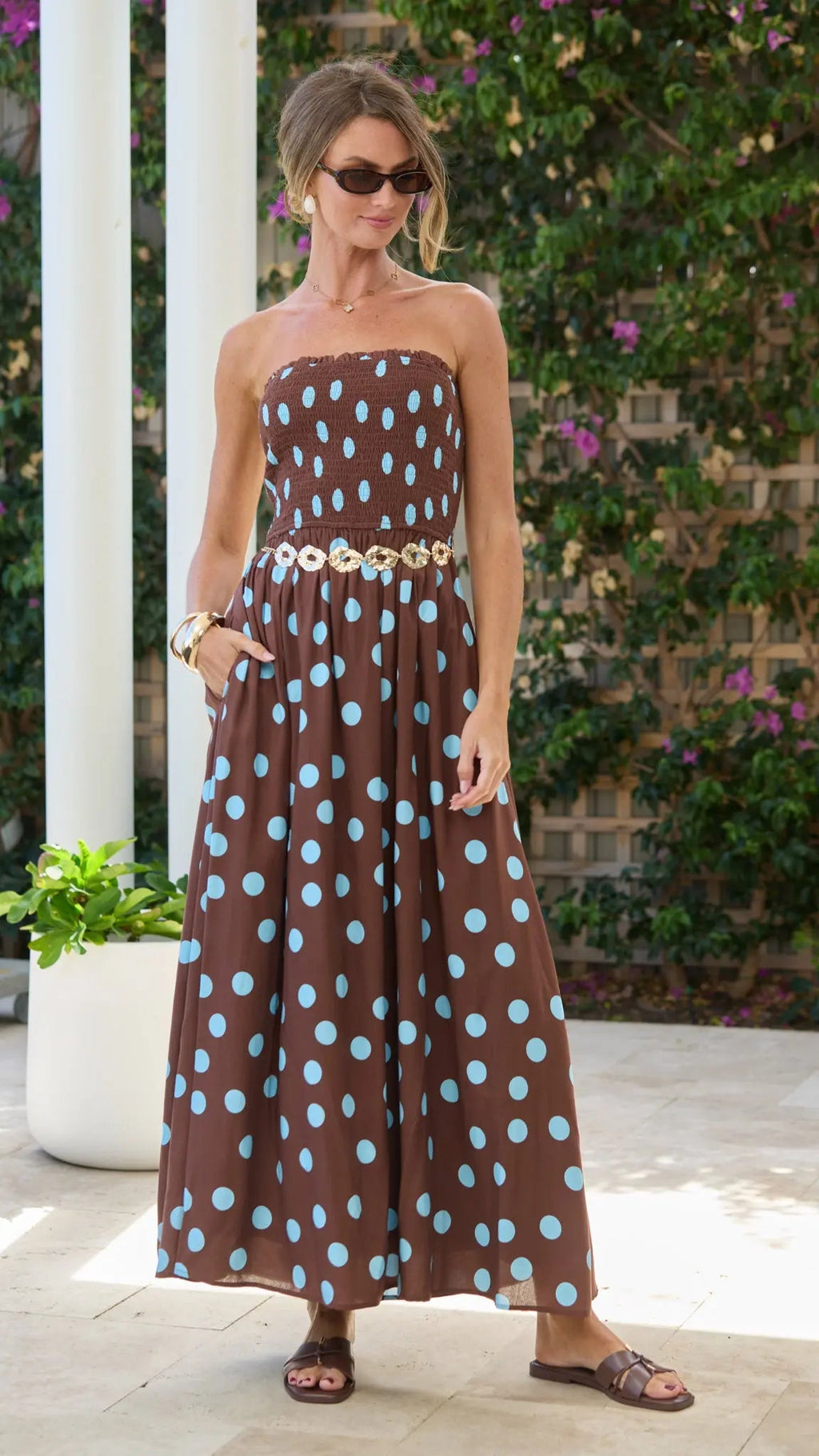 Polka Dot Shirred Maxi Dress for Women — Chocolate and Blue