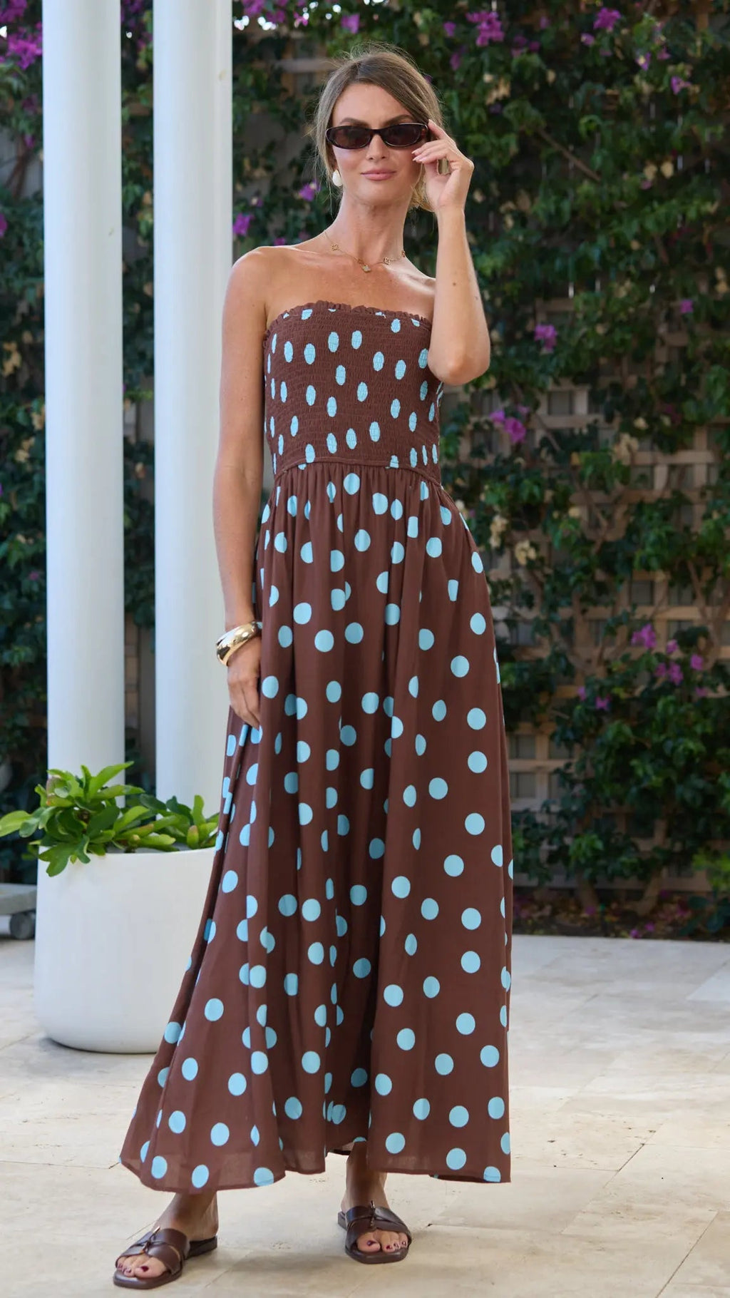 Polka Dot Shirred Maxi Dress for Women — Chocolate and Blue - gallery
