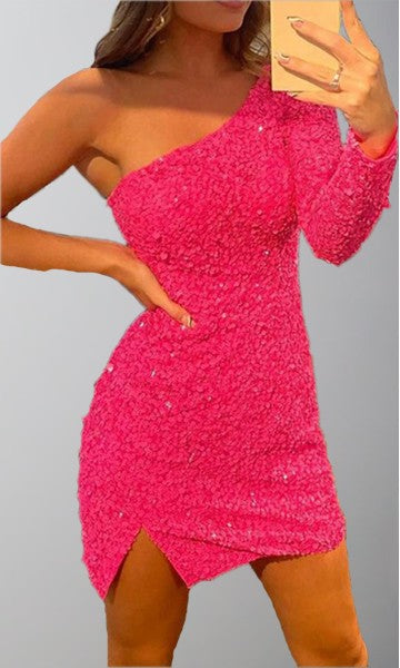 Hot Pink Sequined Long Sleeve Short Prom Dress for Women