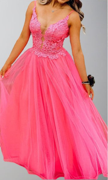 Vibrant Pink Floral Appliqué Tulle Prom Gown for Women