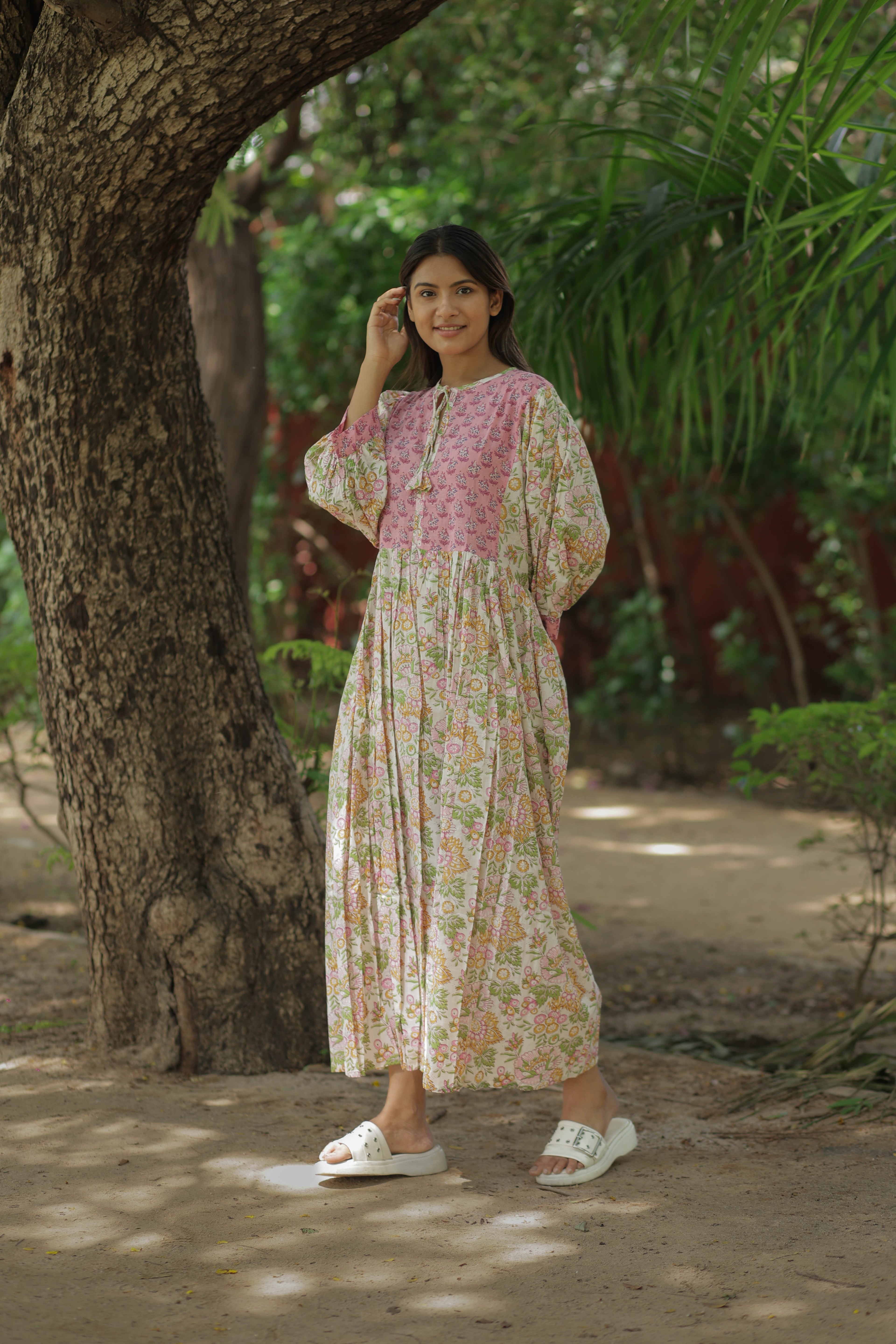 Hand Block Print Organic Cotton Midi Dress for Women — Long Sleeve