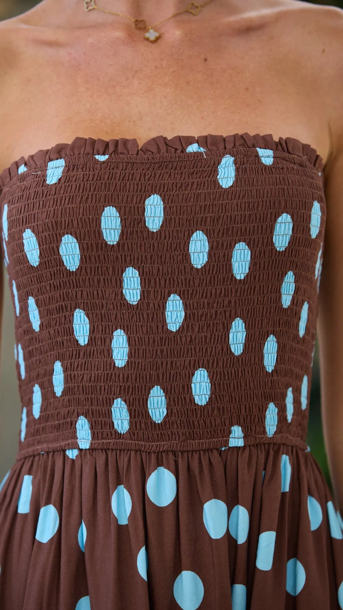 Polka Dot Shirred Maxi Dress for Women — Chocolate and Blue - gallery