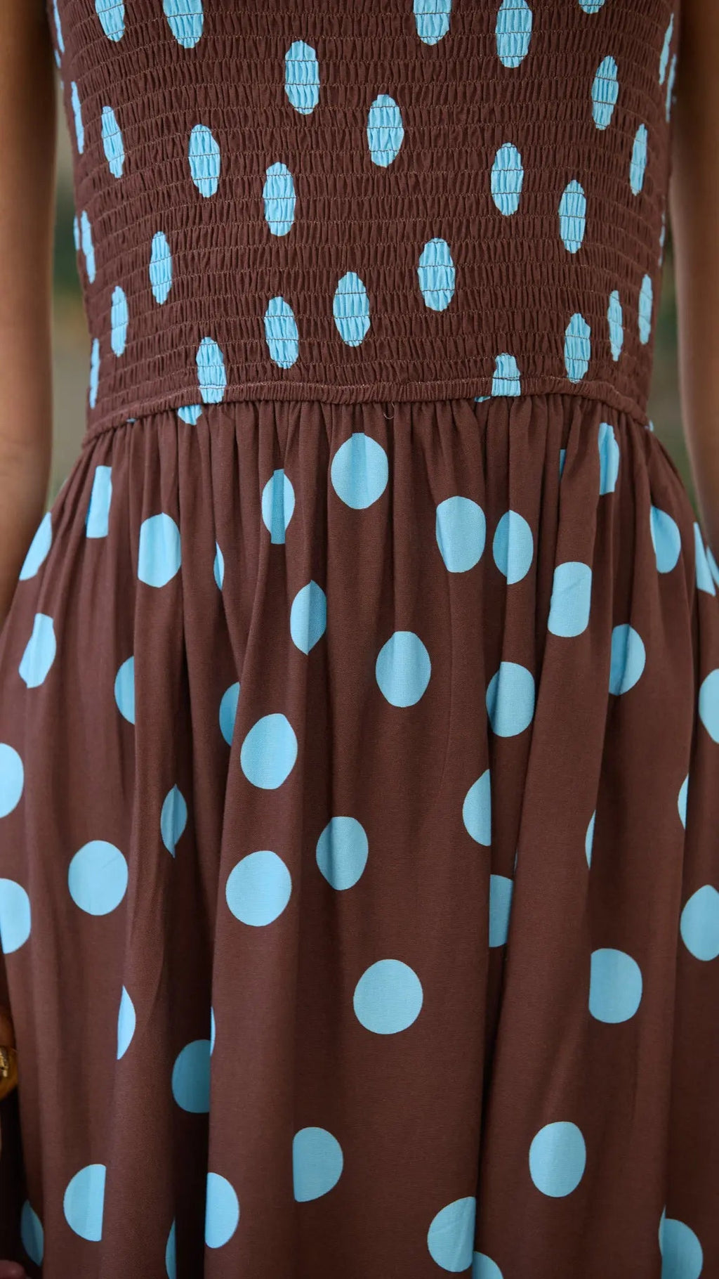Polka Dot Shirred Maxi Dress for Women — Chocolate and Blue - gallery